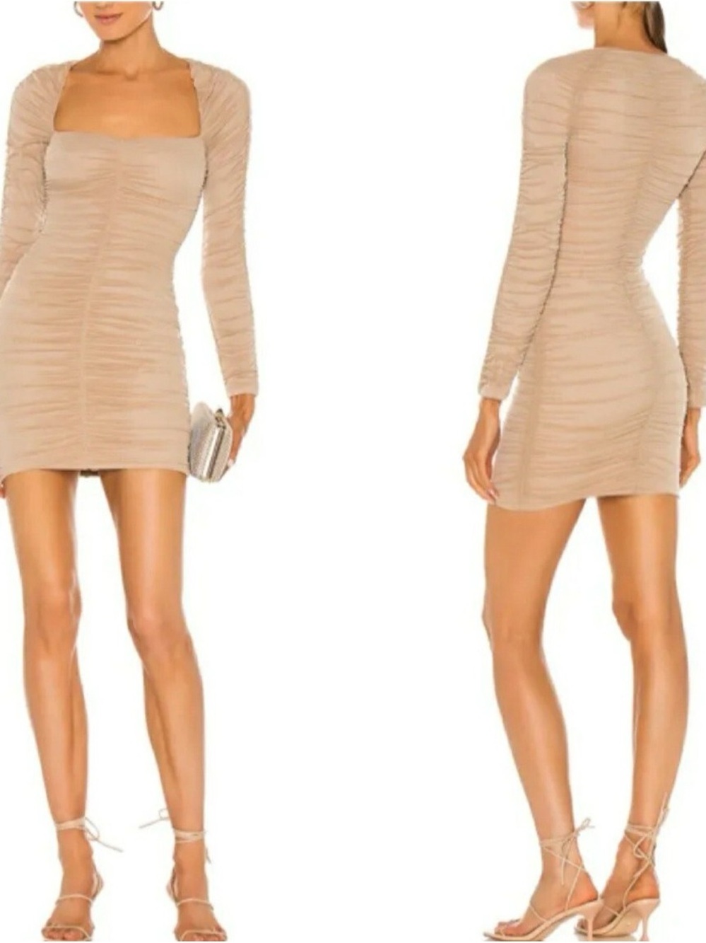 Michael Costello Nude Beige Ruched Square-Neck Long-Sleeve Mini Dress